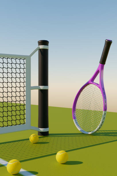 istock Tennis racket balls on the court with a net. 3D rendering 2058515648