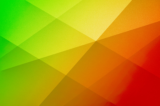 Green lime lemon yellow orange coral gold red abstract pattern background. Color gradient ombre. Geometric Shape. Line angle triangle square polygon 3D mosaic diamond. Grain rough noise. Design.