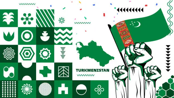 Vector illustration of Turkmenistan Flag with raised fists. National day or Independence day design for Turkmenistani celebration. Modern retro design with abstract icons. Central Asia Ashgabat Green Vector illustration.