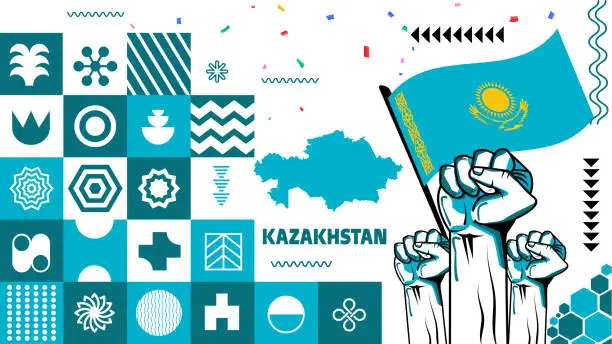 Vector illustration of Kazakhstan happy independence day greeting card, banner, vector illustration. Kazakh memorial holiday 16th of December design element with realistic flag with eagle, square format