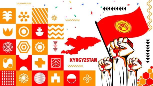 Vector illustration of National day of Kyrgyzstan banner with retro abstract geometric shapes. Kyrgyzstan flag and map. Red yellow colors scheme with raised hands or fists. Vector Illustration