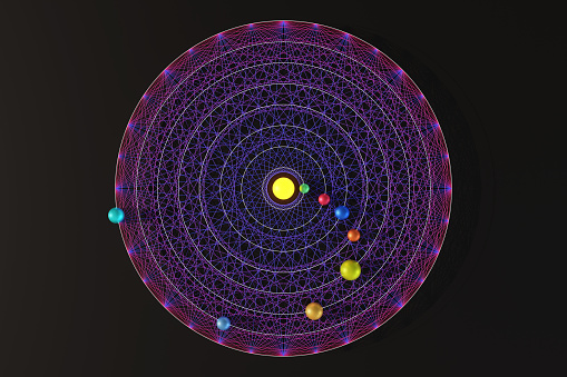 Eight colorful metallic spheres and white circles on circular purple line art in the dark background. Illustration of the concept of planets orbiting in the solar system
