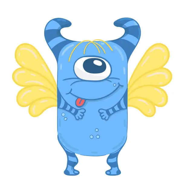 Vector illustration of The monster is blue with yellow wings. A flat, isolated cartoon character. The funny alien.