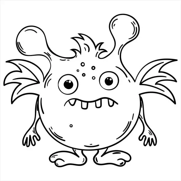 Vector illustration of Monster in white with black outline for colouring. Isolated cartoon alien. Cute round gremlin. Cute bogeyman.