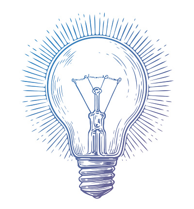 Glowing retro light incandescent bulb with rays. Hand drawn sketch vintage vector illustration