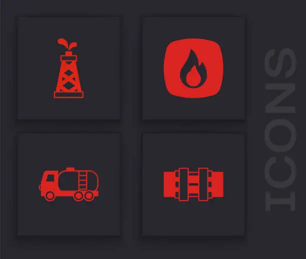 Vector illustration of Set Metallic pipes and valve, Oil rig, Fire flame and Tanker truck icon. Vector