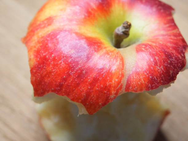istock Red apple core on a wooden background. A bitten apple close-up. 2058639430