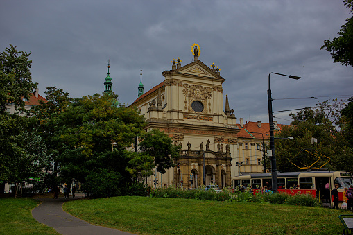 Prague, Czech Republic - October 7, 2023: St. Ignatius Church, church in Prague. Located on Charles Square, the church was designed by Carlo Lurago in the early Baroque style.