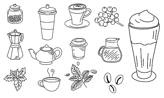 Curated Set of Coffee Doodles, Hand-Sketched Mugs, Beans, and Brewing Gear