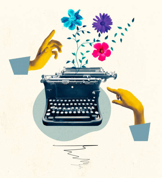 Pop art collage. Female hand typing on retro typewriter over creative design background.