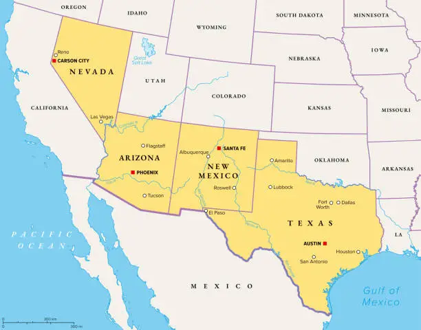 Vector illustration of Southwest region of the United States, American Southwest, political map