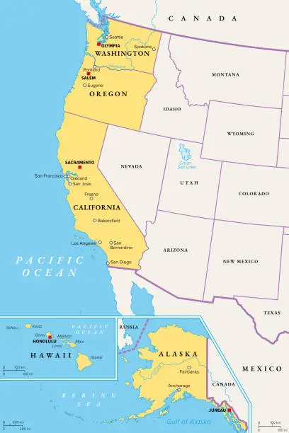 Vector illustration of West Coast region of the United States, with Alaska and Hawaii, political map