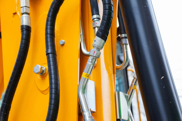 istock Hydraulic mechanisms of heavy loading equipment, close-up. 2058669798