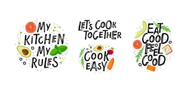 Vector illustration of Kitchen Posters, banner, cookware prints, label for shop, kitchen classes, cafe, food studio. Handwritten phrase with ingredients. Inspiration graphic design element. My kitchen my rules, Cook easy.