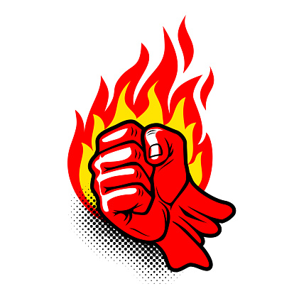 Flaming red fiery fist. Clenched fist in burning fire. Vector on transparent backgriund