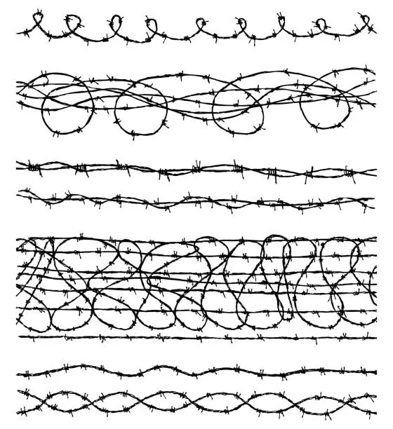 Vector illustration of Hand drawings of set different barbed wire, curve,twisted, black and white vector illustration isolated on white