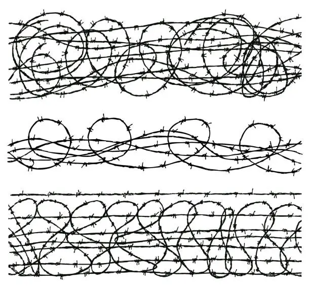 Vector illustration of Hand drawings of set different twisted barbed wire, black and white vector illustration isolated on white