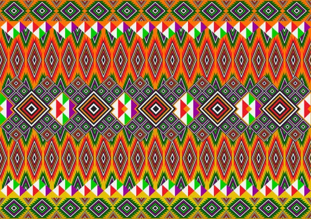 Photo of Ikat tribal Indian seamless pattern. Ethnic Aztec fabric carpet mandala ornament native boho chevron textile.Geometric African American oriental tranditional vector illustrations. Embroidery style.