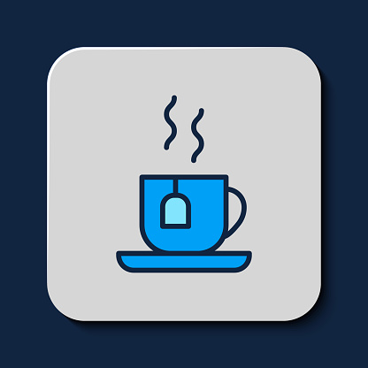 Filled outline Cup of tea with tea bag icon isolated on blue background. Vector.