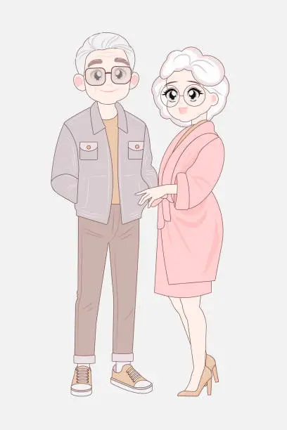 Vector illustration of Korean senior couple full length standing. Elderly asian man and woman