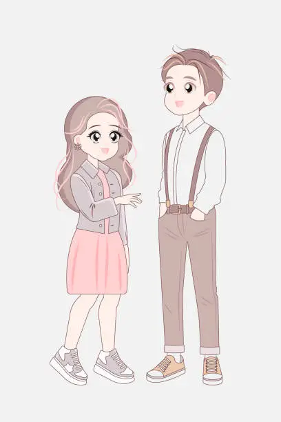 Vector illustration of Korean teenage couple full length standing. Asian boy, girl character.