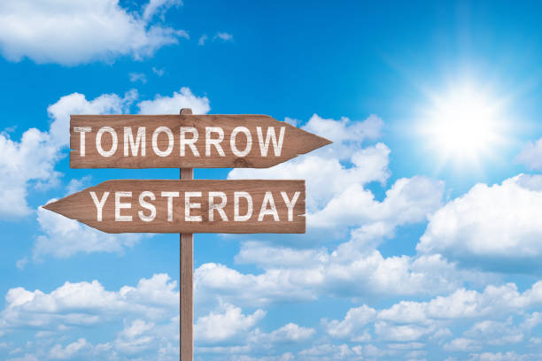 istock Tomorrow or yesterday road sign on sky background business concept. 2058713286