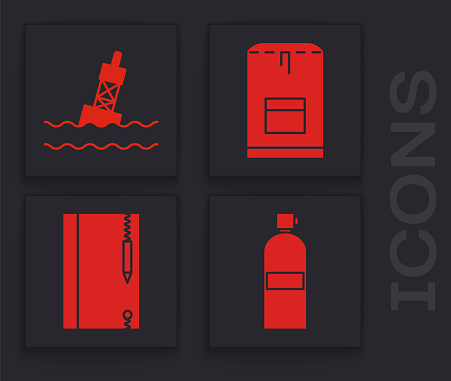 Set Aqualung, Floating buoy on the sea, Backpack and Underwater note book and pencil icon. Vector