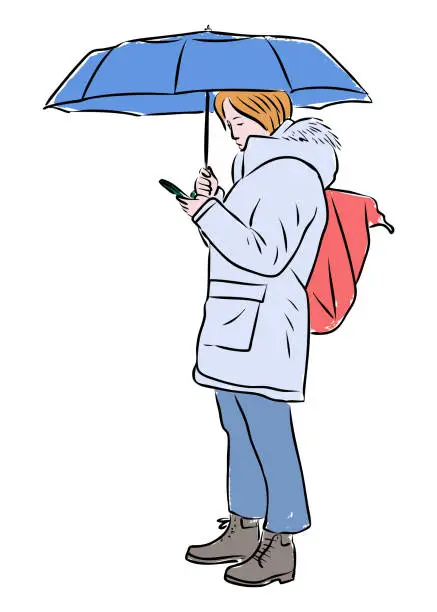 Vector illustration of Student girl alone under umbrella with backpack standing and looking at smartphone outdoors, vector illustration isolated on white