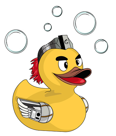 Rubber duck/bath duck, cyborg workmanship with mechanical wing and hair. flat vector toy modified Altered item.