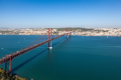 aerial view of 25 de Abril bridge, Lisboa, Portugal.