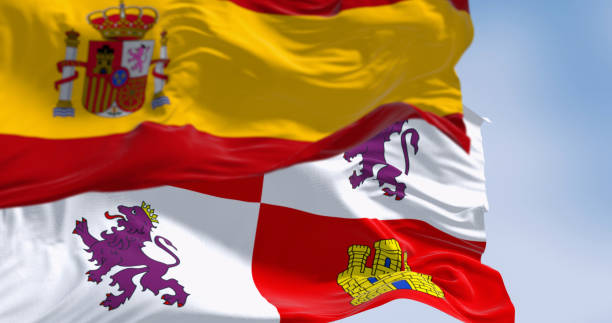 istock The Castile and Leon flag waving in the wind on a clear days 2058732967