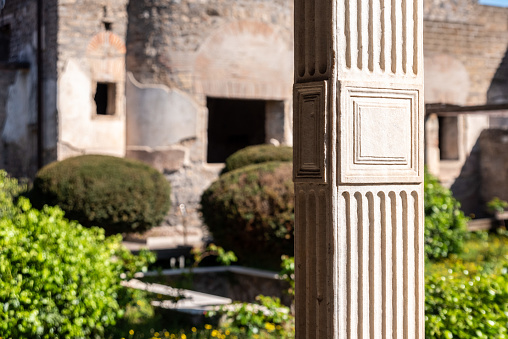 Colonnade and garden in the Roman villa Praedia of Giulia Felice in Pompeii, Southern Italy
