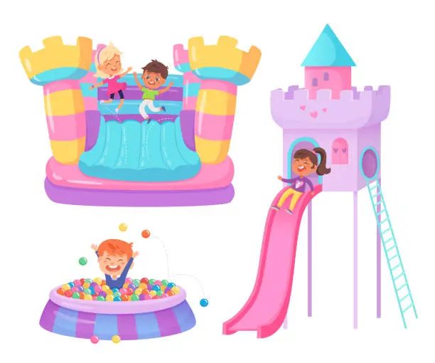 Vector illustration of Kids playground vector illustration set. Children game center in mall. Indoor or outdoor kids play zone. Trampoline bouncy castle, plastic slide, balls pool. Active leisure fun happy childhood concept