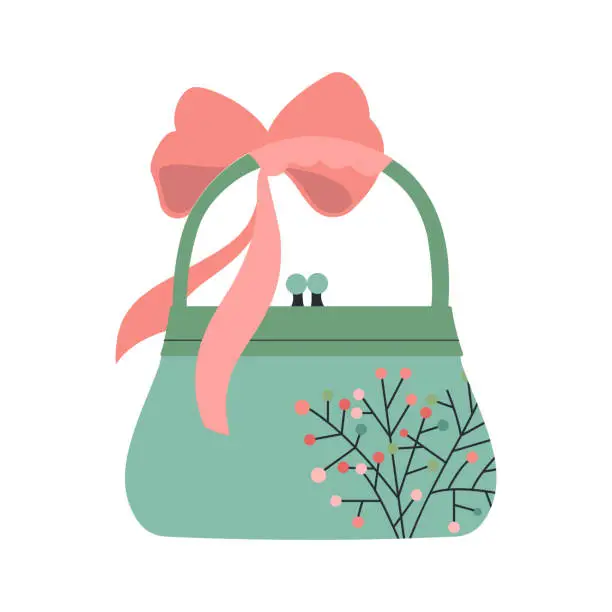 Vector illustration of Green women's handbag. Fashionable women's accessory. Spring mood. Beautiful element in wardrobe.