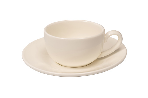 Ceramic white coffee cup and saucer isolated on a white background.