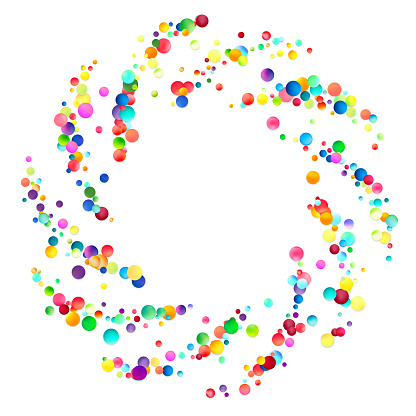 Colorful dots form a whimsical spiral pattern on a pure white background, evoking a sense of motion and celebration