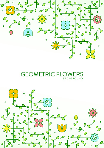 Modern flower background for social media marketing, advertising. Simple geometric flowers and mesh of stems and leaves. Empty space for your text.