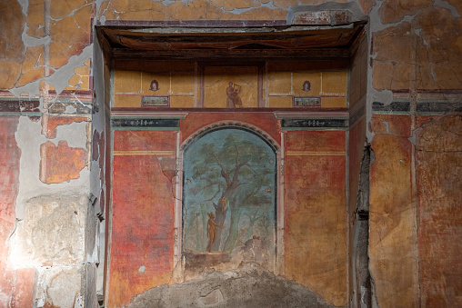 Scenic frescos on the wall of famous Villa Oplontis, ancient Roman villa and world heritage sight, Southern Italy