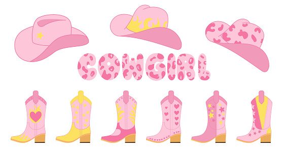 Set of vector country elements in pink color, cowboy hats, Cossack boots, stylized inscription cowgirl. Simple flat style Pink cor.