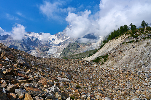 A glacier moraine on the italian side of Monte Rosa. Pennine Alps. Anzasca Valley. Macugnaga Municipality. Piedmont. Italy.