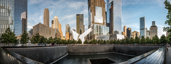 Iconic One World Trade Center memorial in downtown Manhattan, USA