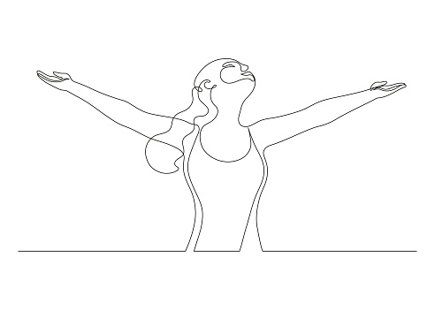 Happy woman raising hands in an exercise of relax and breathing, one line continuous drawing. Person stretching arms as symbol of freedom and openness to peace. Vector illustration