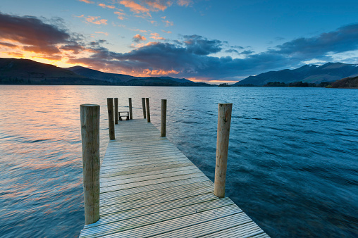 Wide angle view of Ashness Landing jetty on Derwent Water in the Lake District National Park, Cumbria, England, UK