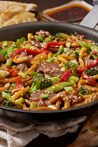 Pepper Beef and Noodle Stir Fry with Fried Dumplings