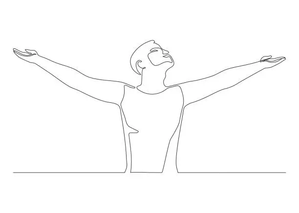 Vector illustration of Happy man raising hands in an exercise of relax and breathing, one line continuous drawing. Person stretching arms as symbol of freedom and openness to peace. Vector