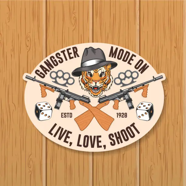 Vector illustration of Gangster club patch, sticker design. Vector illustration. Vintage monochrome label, sticker, patch with gangster tiger, submachine gun, dice and knuckle duster silhouettes.