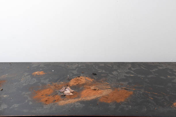 View of dust on the top of black furniture at home not cleaned for 2 years. House was abandoned and closed for the owner until now,