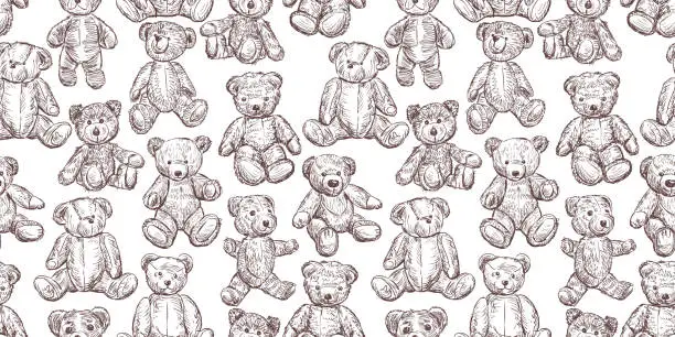 Vector illustration of Sketches Teddy bears old toys collection seamless pattern vector childish background wallpaper paper