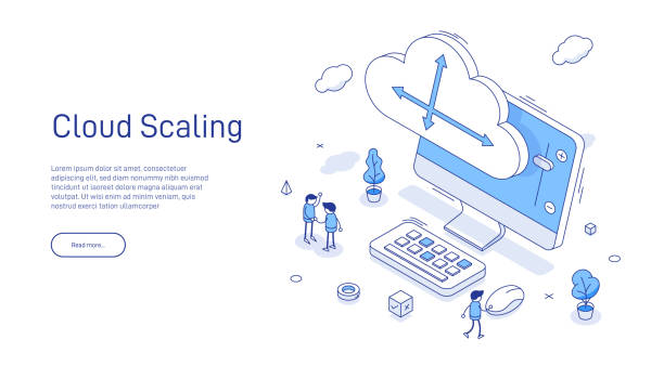 ilustrações de stock, clip art, desenhos animados e ícones de cloud scaling solution concept. cloud computing technology is easy handles growing and decreasing demand in usage. isometric 3d cloud and arrows to maximize or minimize cloud sizing. - network server cyberspace dedication symbol