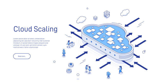 ilustrações de stock, clip art, desenhos animados e ícones de cloud scaling solution concept. cloud computing technology is easy handles growing and decreasing demand in usage. isometric 3d cloud and arrows to maximize or minimize cloud sizing. - network server cyberspace dedication symbol